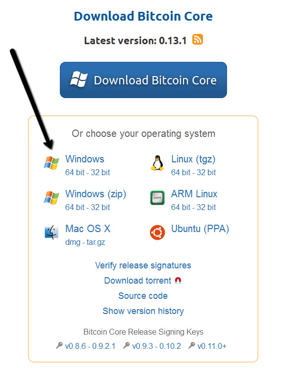 Bitcoin Core Download Page - Operating System and Installation Program Choice